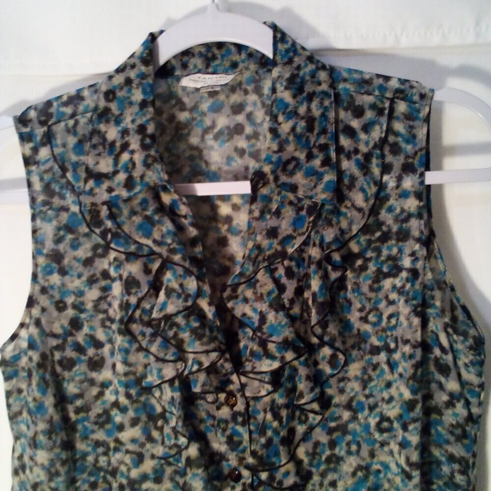 Tahari Blouse Women PS Petite S Sleeveless Sheer Ruffle Button Up Print - Picture 3 of 13